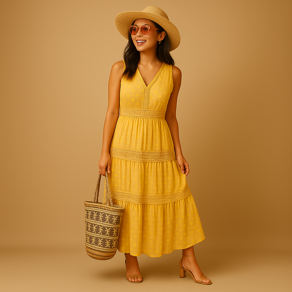 Woman in a yellow dress and hat holding a bag against a beige background