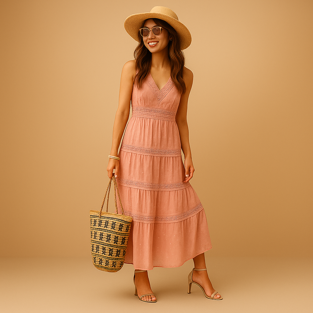 Woman in a pink dress and straw hat holding a patterned bag against a beige background