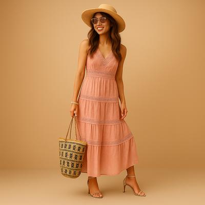 Woman in a pink dress and straw hat holding a patterned bag against a beige background