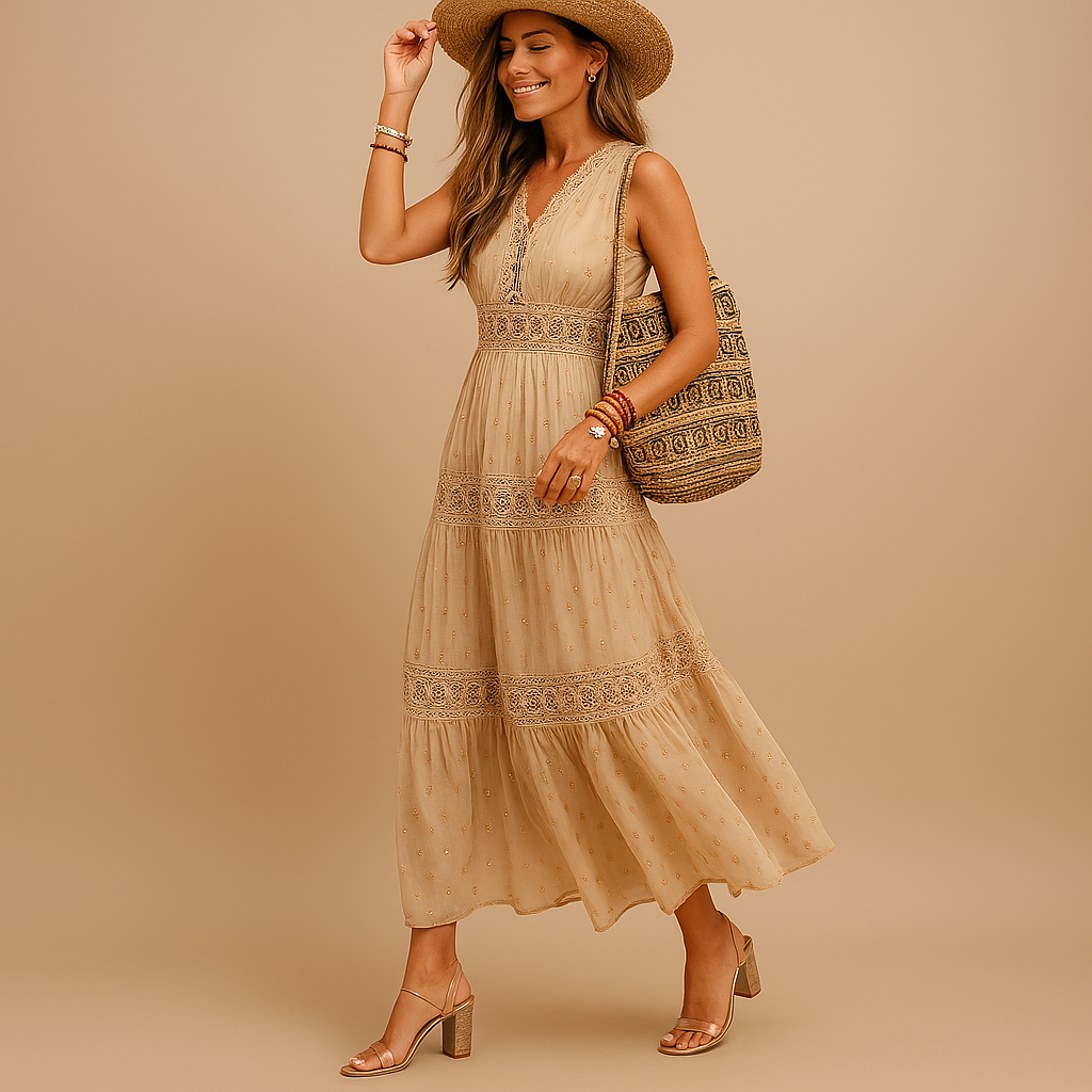 Woman in a beige dress and hat holding a bag against a beige background