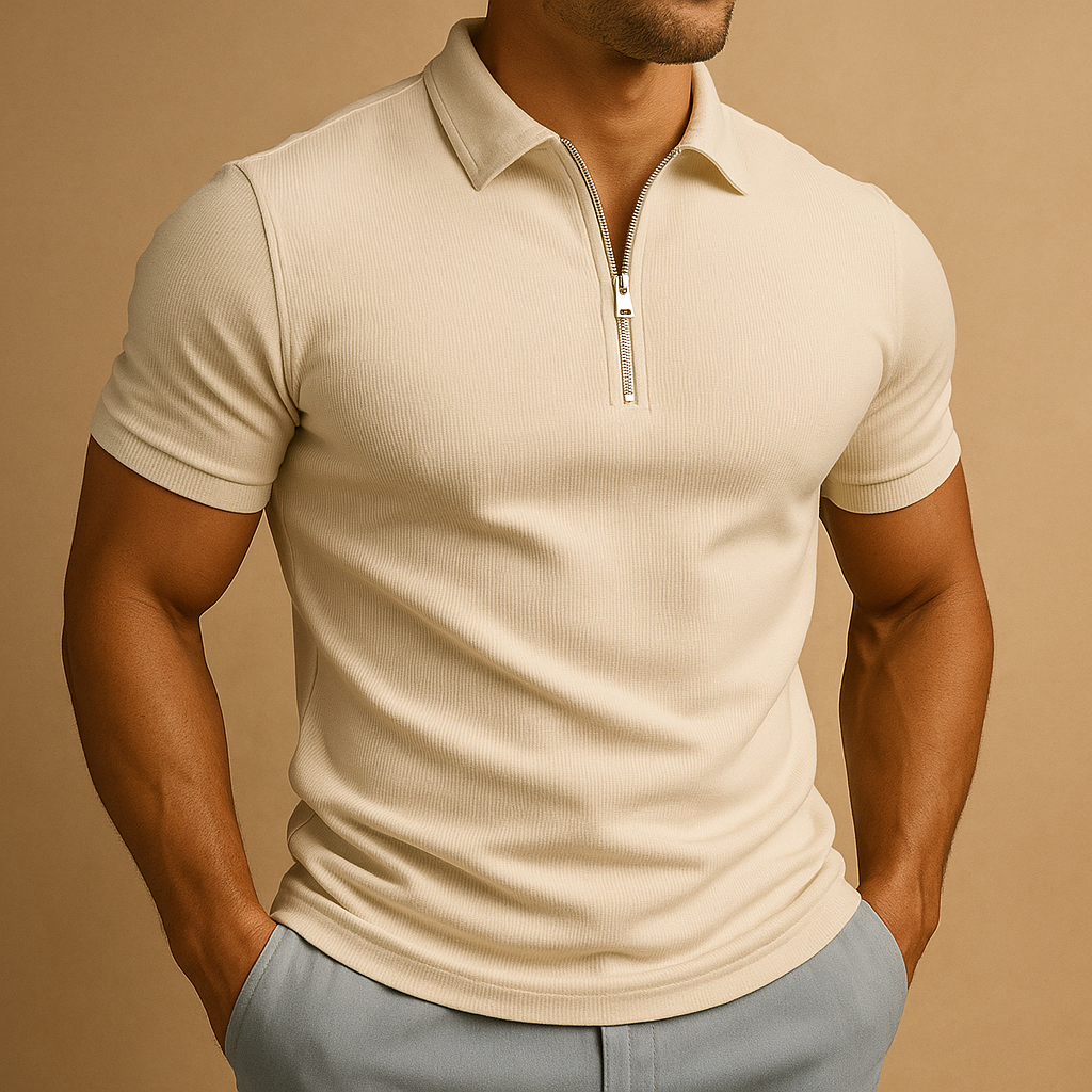 Man wearing a khaki short-sleeve polo shirt with a zipper on a beige background