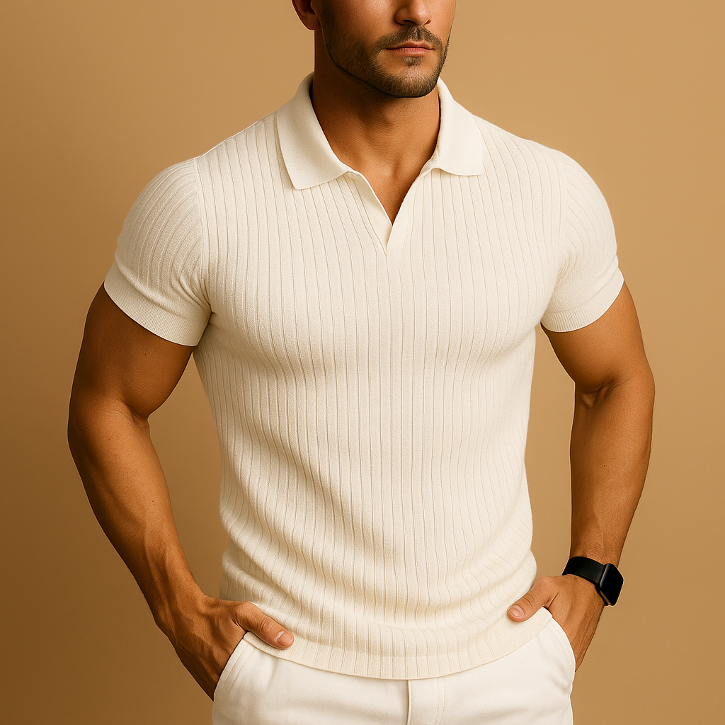 Man wearing a white ribbed polo shirt against a beige background