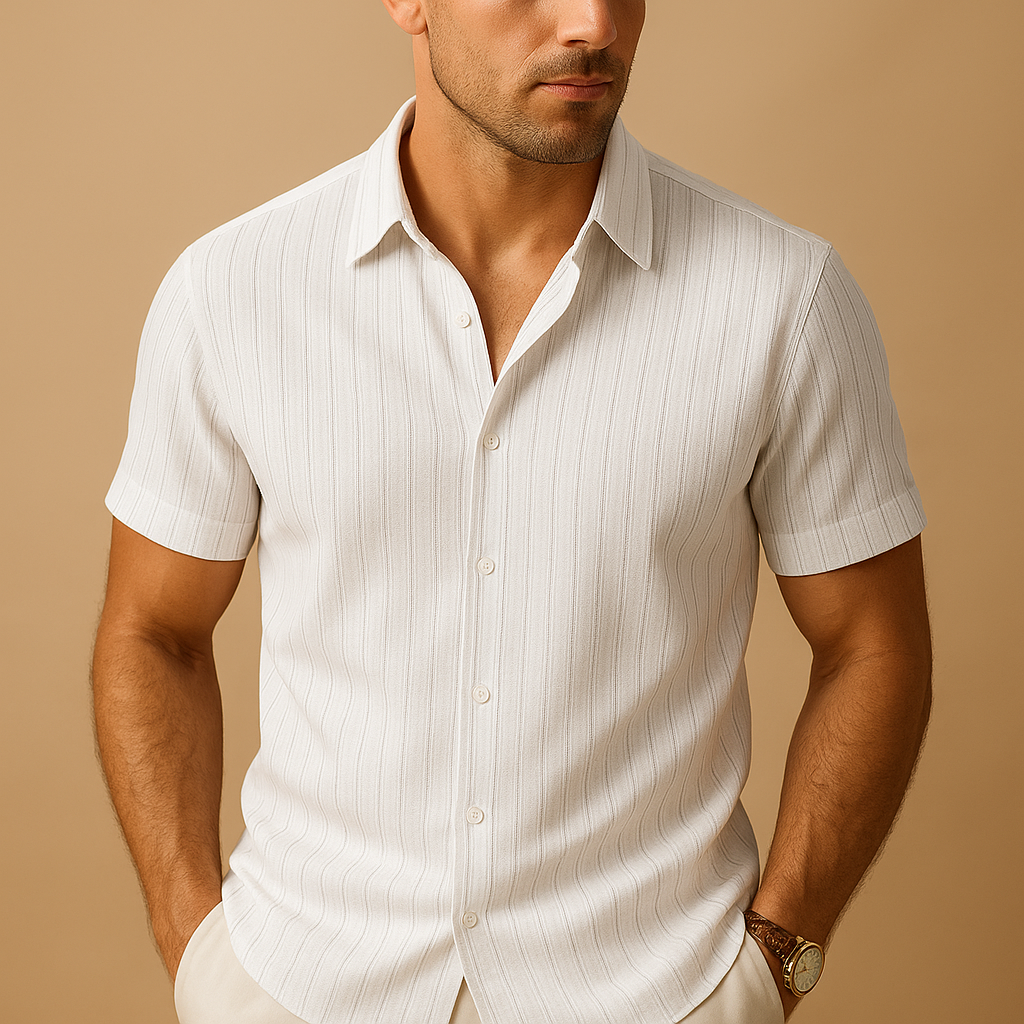 Man wearing a white short-sleeve shirt with thin stripes on a beige background