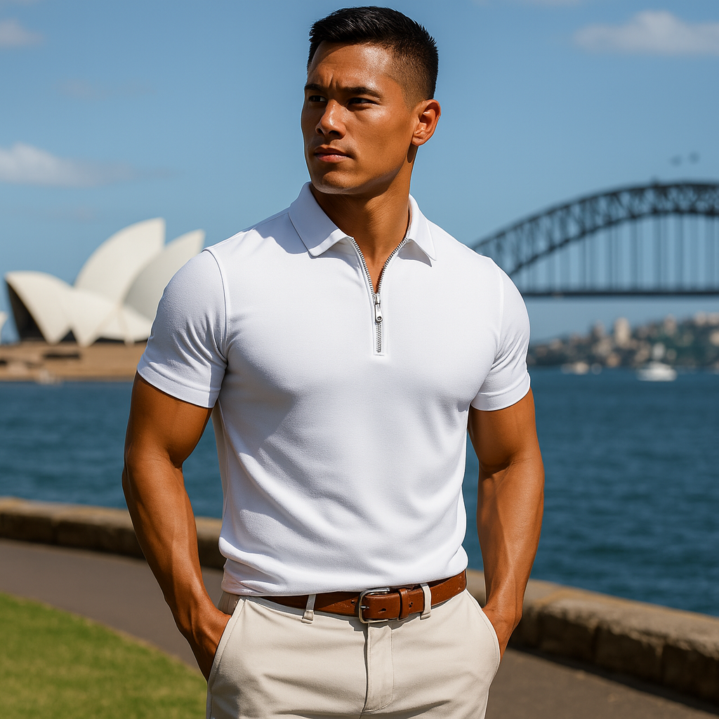 Man wearing a white polo shirt with a blurred background of the Sydney Opera House and Harbour Bridge.
