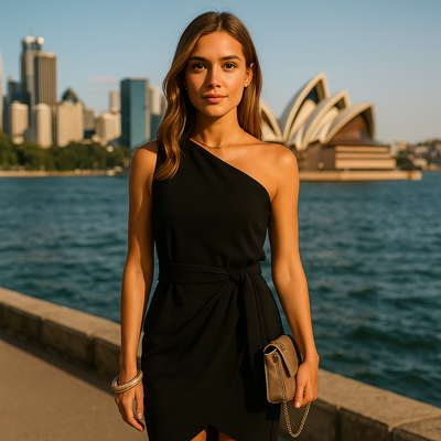 Woman in a black dress standing in front of the Sydney Opera House with the city skyline in the background.