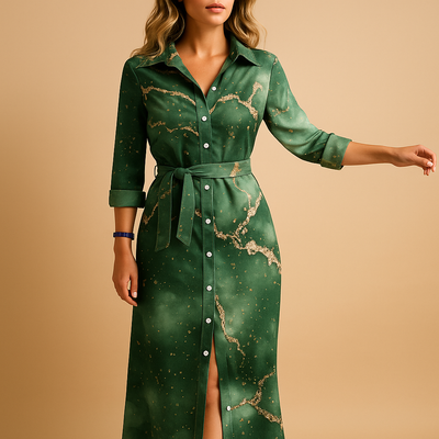 Green dress with gold patterns on a beige background