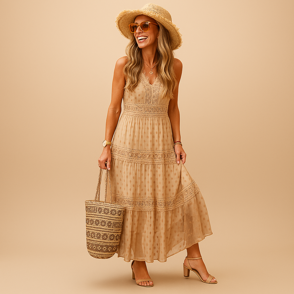 Woman in a beige dress and hat holding a patterned bag on a beige background