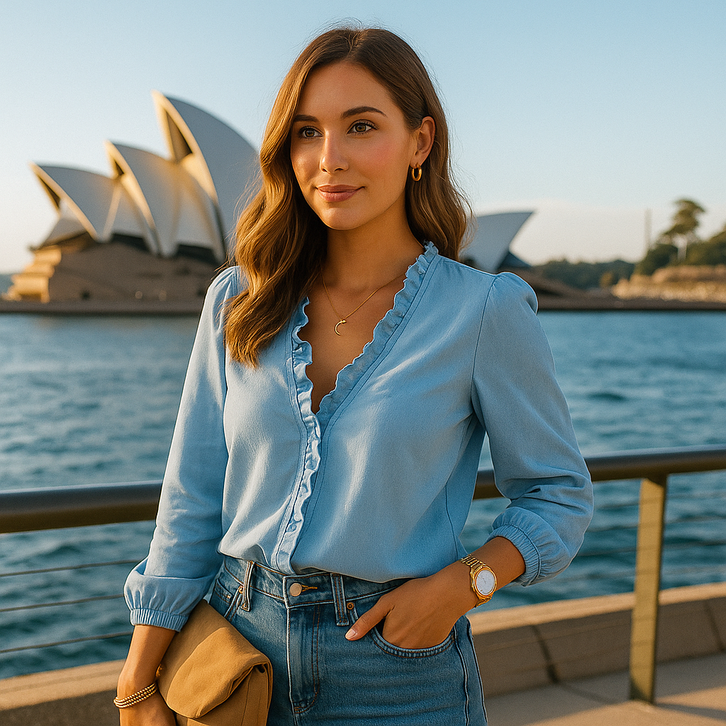 Woman in a blue shirt and jeans standing in front of the Sydney Opera House.