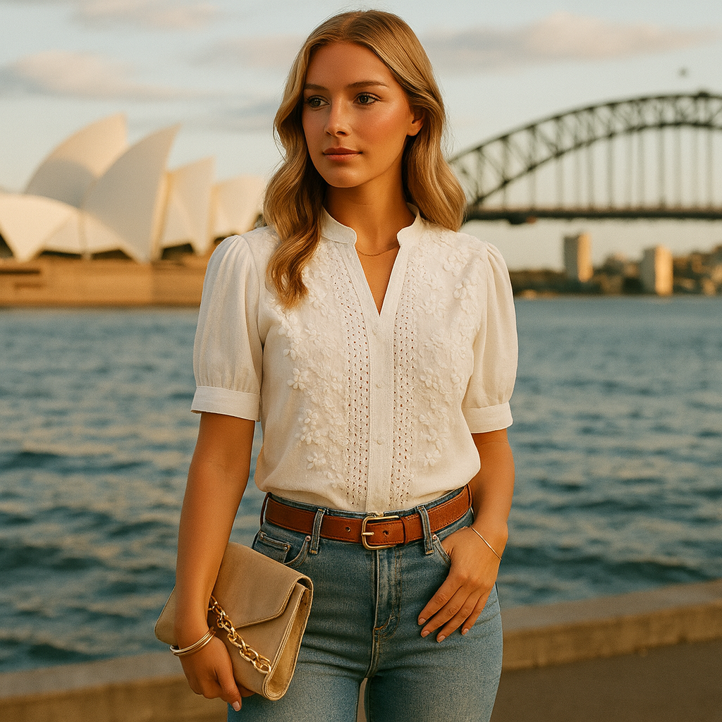 Woman in a white blouse and blue jeans standing in front of the Sydney Opera House and Harbour Bridge.
